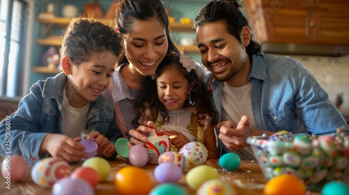 Happy Hispanic family with little kids celebrating Easter and decorating Easter eggs at dining table in kitchen. Easter Family traditions.