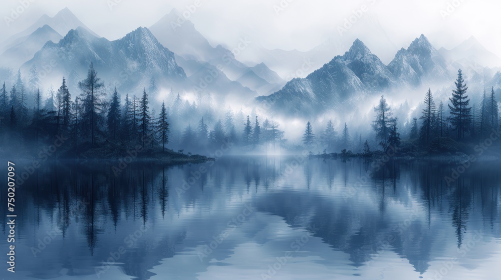  a body of water with a mountain range in the background and trees in the foreground, with fog in the air, and fog in the foreground, and fog in the foreground.