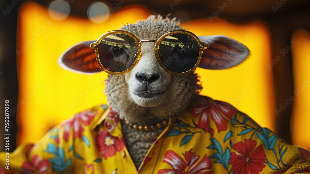 a sheep wearing sunglasses and a yellow shirt with a flower pattern on it's shirt is standing in front of a yellow background with red and blue flowers on it. a sheep wearing sunglasses and a yellow shirt with a flower pattern on it's shirt is standing in front of a yellow background with red and blue flowers on it.