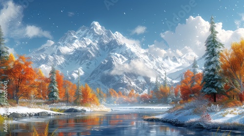  a painting of a snowy mountain scene with a river in the foreground and trees in the foreground  with snow on the ground  and clouds in the background.