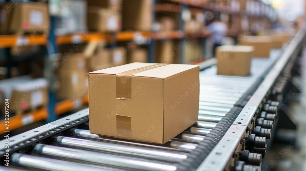 Cardboard boxes on conveyor rollers ready to be shipped by courier for distribution. mockup box Cardboard boxes on conveyor rollers ready to be shipped by courier for distribution. mockup box