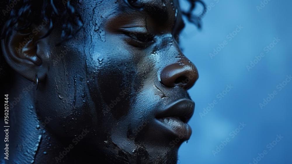 a close up of a man's face with water on his face and a blue sky in the background, with clouds in the sky, and in the foreground. a close up of a man's face with water on his face and a blue sky in the background, with clouds in the sky, and in the foreground.