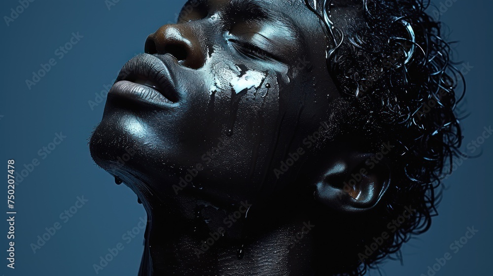 a close up of a person's face with a lot of hair on top of his head and on his face is a white substance on his face and a blue background. a close up of a person's face with a lot of hair on top of his head and on his face is a white substance on his face and a blue background.