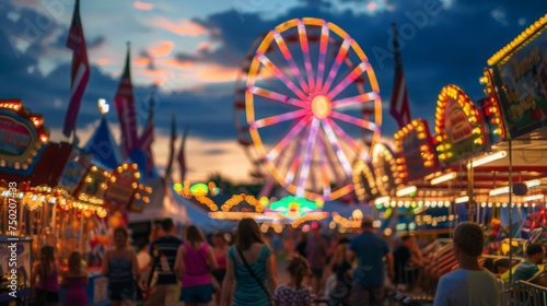 Vibrant evening at a fairground with Ferris wheel, symbolizing festive fun and community gatherings, concept of entertainment, leisure, and vibrant night life
 photo