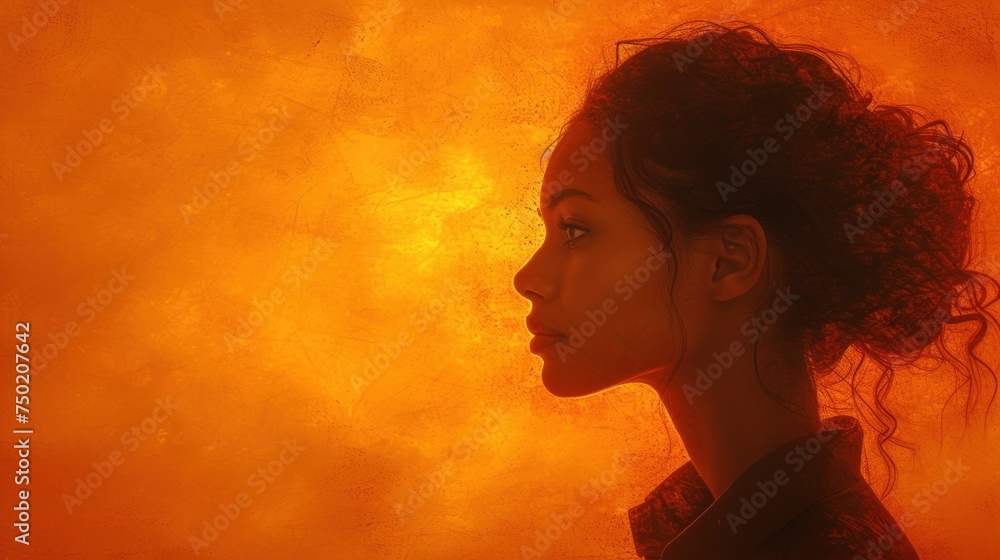  a close up of a woman's face in front of a yellow and orange background with hair blowing in the wind and her face slightly to the side of the camera.