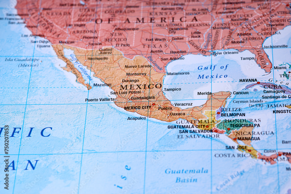 Mexico on the world map close up macro