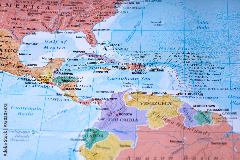 close up of the central america area with Cuba Honduras Guatemala Haiti Jamaica