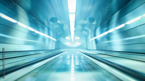 Blue escalator in a futuristic station, illustrating the speed and technology of modern urban travel and architectural design