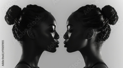  a black and white photo of two women facing each other with their heads turned to the opposite side of the image, with one of them facing the other side of the same. photo