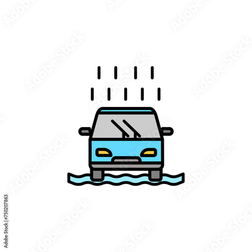 flooded car icon,rainy car,flood disaster.vector white background - editable stroke vector illustration