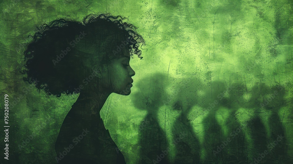  a painting of a woman's profile in front of a green background with a shadow of a group of people on the left side of the image and on the right side of the image.