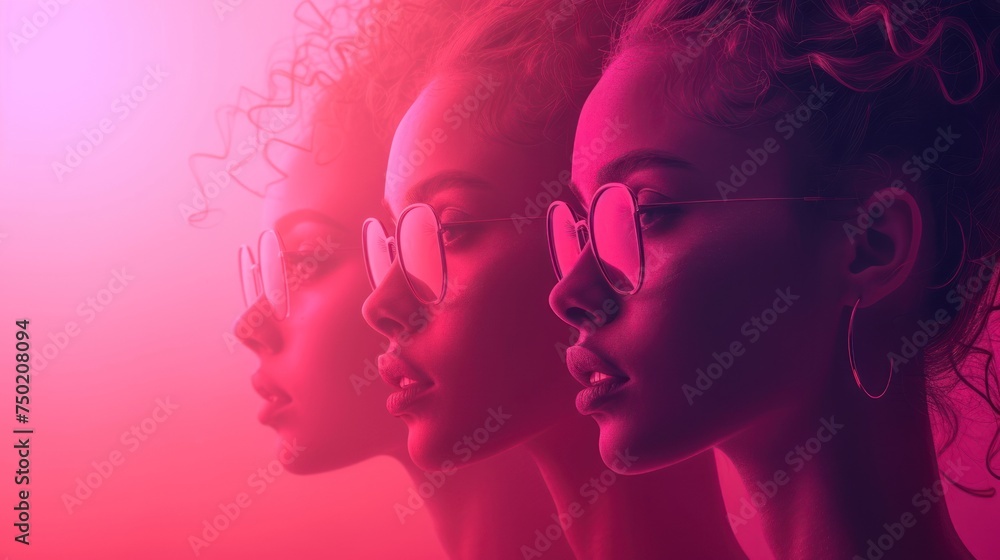 a group of women wearing glasses in front of a red and pink background with the image of a woman's face in the middle of the frame and the image of the woman's profile. a group of women wearing glasses in front of a red and pink background with the image of a woman's face in the middle of the frame and the image of the woman's profile.