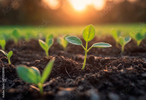 A small green plant is breaking through the soil, reaching towards the sunlight. The plant shows early signs of growth, with leaves forming and roots extending into the earth.