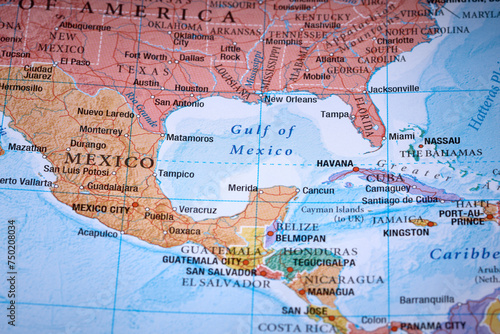 Canvas Print Gulf of Mexico on the world map close up