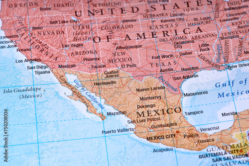 Concept image using a map focusing on the border between the USA and Mexico close up photo