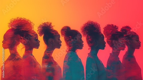  a group of women standing next to each other in front of an orange and pink background with the image of a woman's head in the center of the image.