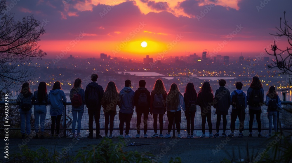  a group of people standing next to each other in front of a sunset over a body of water with a city in the back ground and a few buildings in the distance.