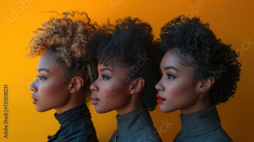  a series of three images of a woman's face with curly hair in three different angles of the same woman's head, against a bright yellow background.