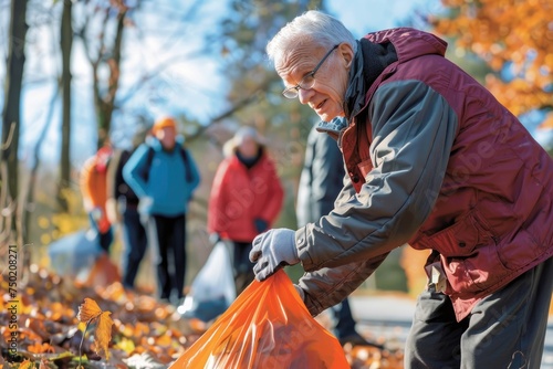 Senior people working for the community, man picking up trash in the fall.