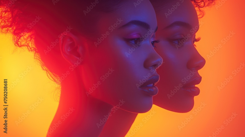  a couple of women standing next to each other in front of a yellow and red background with a red and blue light on the side of the woman's face.