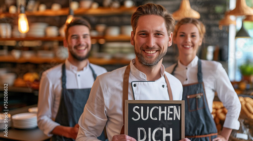 Das Küchen- und Catering Personal hält ein Schild mit dem Text „Wir SUCHEN DICH“ in der Hand.