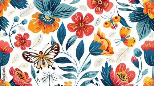 Floral flower and moth insect seamless pattern.Folk