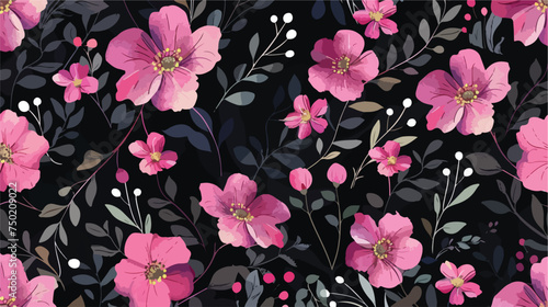 Floral pattern cartoon pink seamless flowers on blac