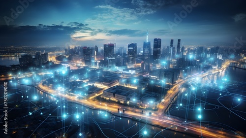 Connected Cityscape at Night with IoT Network © Sittichok