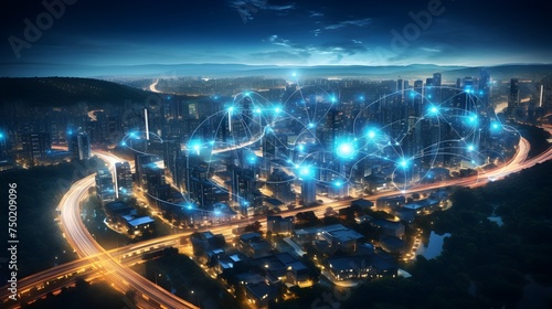 Futuristic City Night Skyline with Telecommunication Connections