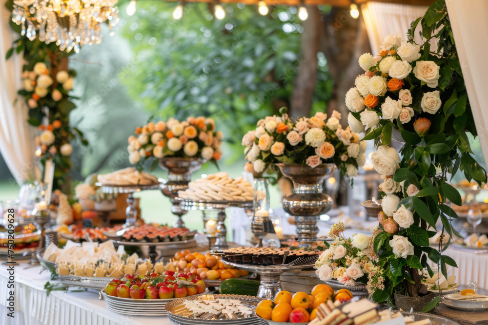 Catering buffet table with a delicious food on wedding. Generative AI