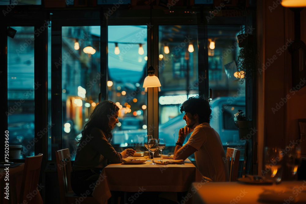 Couple is spending time together for dinner in restaurant. Generative AI