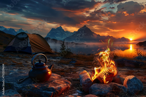 Camp fire and tea pot with tent and mountains in the background. Generative AI