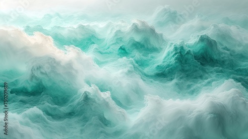  a painting of green and white waves on a gray and white background with a white cloud in the middle of the picture and a blue and white cloud in the middle of the top of the picture.