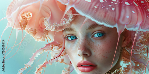 Portrait of a young woman with a jellyfish hat. Generative AI