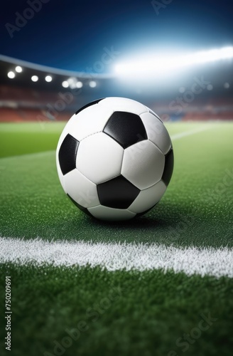 Soccer ball rests on grass of green field in front of majestic lit up, creating exciting atmosphere stadium. Scene captures essence of game, ready for action, excitement. Advertising, banner, print.