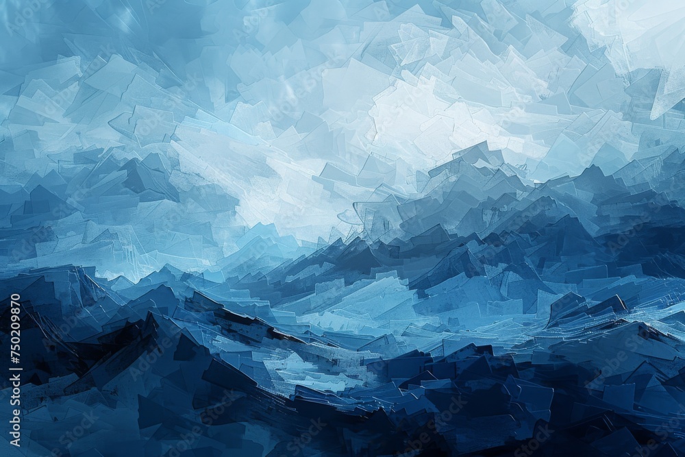 Digital painting where shades of blue are layered to create a textured effect of geometric abstraction