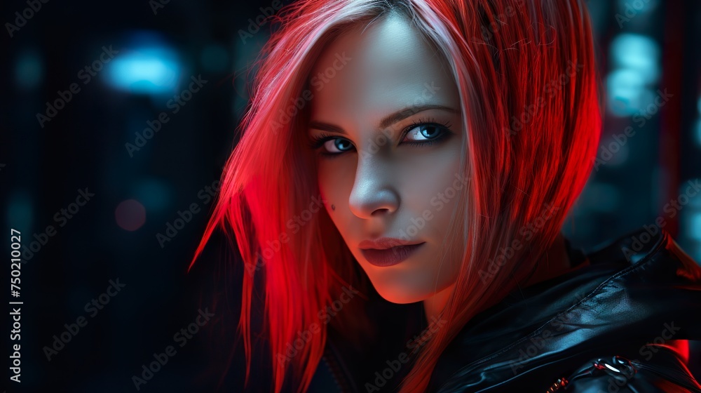 red-haired woman in black leather jacket