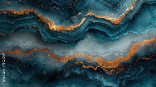  an abstract painting of blue, gold and white with a large amount of gold in the middle of the top half of the image and bottom half of the top half of the image.