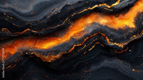  a close up of a black and orange surface with a lot of orange and yellow streaks on it and a black background with white dots on the top of the bottom of the image.