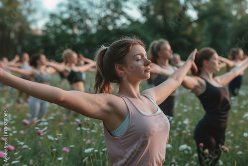Women stretching outdoor. Yoga class doing exercise at park. Generative AI