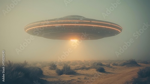  a large flying object in the middle of a desert with a bright light coming out of it s center surrounded by dust  grass  bushes  and bushes.