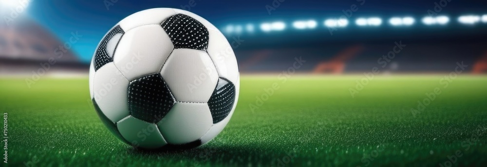 Naklejka premium Soccer ball rests on grass of green field in front of majestic lit up, creating exciting atmosphere stadium. Scene captures essence of game, ready for action, excitement. Advertising, banner, print.
