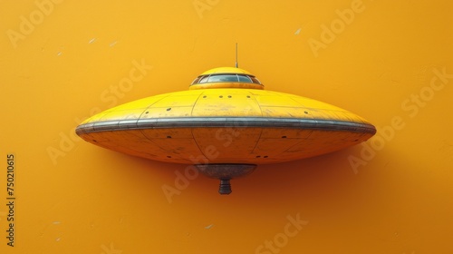  a yellow submarine shaped object on a yellow wall with a black stripe on the bottom of the object and a black stripe on the top of the bottom of the object.