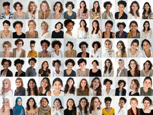 composite portrait of different women headshots, including all ethnic, racial, and geographic types of women in the world on white background   © Adriana