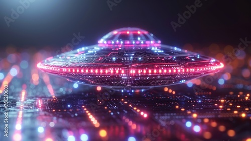  a computer generated image of a flying saucer in the middle of a dark room with bright lights on the floor and on top of it is a black surface.
