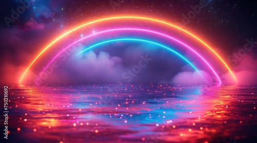  a painting of a rainbow in the sky over a body of water with clouds and stars in the sky over the water is a bright blue and pink rainbow that is reflected in the water. © Nadia