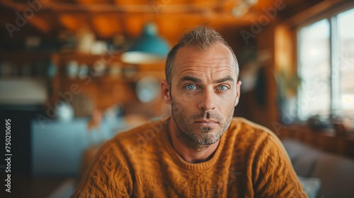 Balding Middle-Aged Man With Intense Blue Eyes and Stubble  Wearing a Textured Mustard Sweater