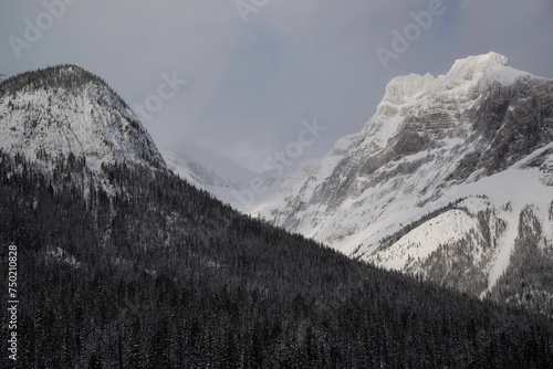Yoho National Park, Canada - Dec. 23 2021: Frozen Emerald Lake hiding in winter forest surounded by rockies mountains in Yoho National Park
