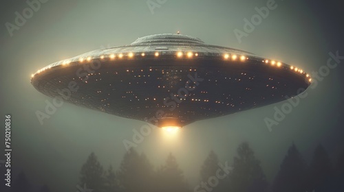  a large alien ship flying through a foggy sky with a bright light on it's side and trees in the foreground and a foggy sky behind it.