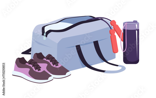 Open gym bag with sports equipment, athletic sneakers and bottle of water. Luggage of athlete with trendy gears for fitness workout and healthy training, sportswear cartoon vector illustration © Natalia
